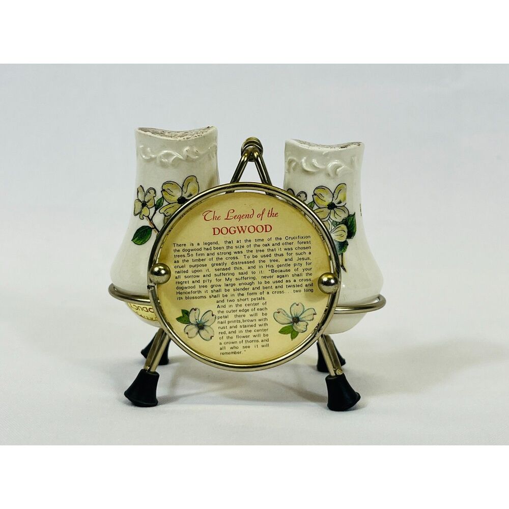 VTG Legend of  Dogwood Salt & Pepper Shakers with Stand Japan White Silver